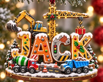 Personalized Kids Name Truck Christmas 3D Print Ornament, Construction Vehicle Acrylic Ornament, Custom Name Holiday Decor