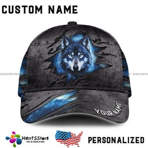 Custom Name Wolf Baseball Cap for Men, Personalized Name Hat, Gray Steel Print, Blue Eyes Wolf Gift for Hunters, Outdoors, Animal Lovers