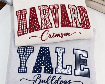 Personalized Varsity Applique Embroidered Crewneck, Personalized School Spirit Crewneck, Gingham Floral Patchwork Embroidered Sweatshirt