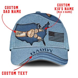 Custom Name Daddy Hat with USA Map & Family Fist Bump | Personalized Denim Cap for Papa, Gift from Kids, Father&#39;s Day Baseball Hat