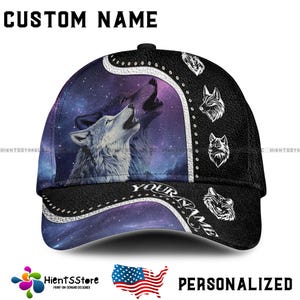Custom Name Howling Wolf Galaxy Cap, Personalized Name Hat for Men, Starry Sky Spirit Animal Baseball Cap, Mystical Wolf Gift Idea