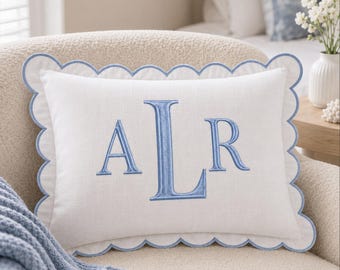 Personalized Monogram Pillow Cover, Custom Embroidered Initial Pillow, Scalloped Trim Pillowcase, Baby Room Decor, Newborn Gift