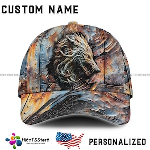 Custom Name Mechanical Wolf Hat – Personalized Name 3D Steampunk Metal Cap for Men, Wild Animal Gearhead Gift, Industrial Style Baseball Hat