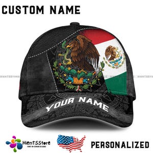 Personalized Mexico Flag Baseball Cap with Eagle Emblem – Custom Name Black Aztec Pattern Snapback Hat Gift for Mexican Men Patriotic