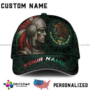 Personalized Aztec Warrior Mexico Baseball Cap Custom Name Mexican Pride Hat for Men Eagle Flag Trucker Cap Gift for Him USA Made