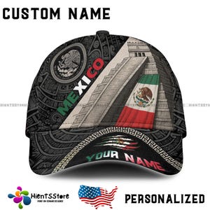 Personalized Mexico Flag Pyramid Cap – Custom Aztec Snapback with Chichén Itzá & Name – Patriotic Mexican Heritage Hat for Men