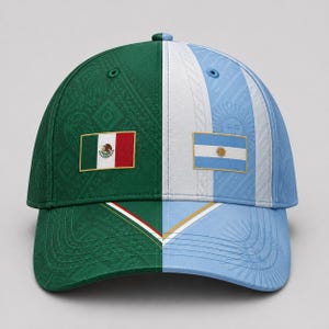Könnte beinhalten: Eine Baseballkappe mit geteiltem Design, bei der die dunkelgrüne Seite die mexikanische Flagge und die hellblaue Seite die argentinische Flagge zeigt. Die grüne Seite hat ein dezentes geometrisches Muster, während die blaue Seite ein Sonnenemblem aufweist.