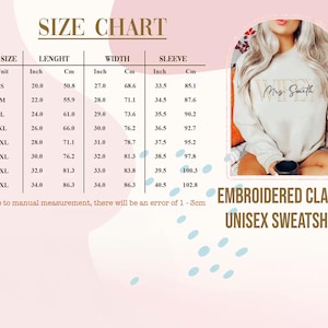 Puede incluir: Tabla de tallas para una sudadera unisex cl&aacute;sica bordada, con medidas en pulgadas y cent&iacute;metros. La tabla incluye tallas de la S a la 5XL, con medidas de largo, ancho y manga. La imagen tambi&eacute;n muestra a una persona usando la sudadera.