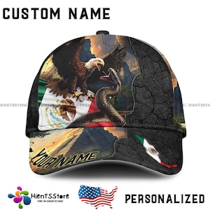 Custom Mexico Eagle Snake Hat Personalized Mexican Flag Cap with Pyramid Design, Patriotic Trucker Gift for Men, Adjustable Baseball Hat