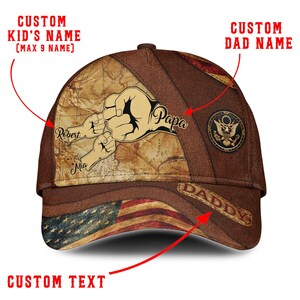 Gorra vintage de papá con nombre personalizado y nombres de niños, gorra personalizada para papá con puños apretados, gorra rústica con bandera estadounidense, regalo para el Día del Padre.