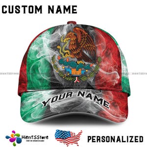 Personalisierte Mexiko Rauchflagge Hut - Individuelle Name Baseballkappe mit mexikanischem Adler Emblem, Vaterländisches Geschenk für Ihn, Snapback Stil