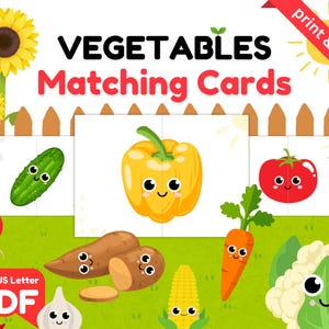 Vegetables Matching Cards, Printable Matching Game for Toddlers & Kids, 2-Piece Puzzle, Fun Homeschool Activity