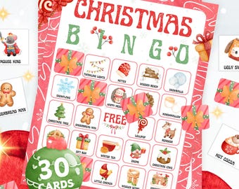 Puede incluir: Tarjetas de juego de bingo navideño con un diseño rojo y blanco. Las tarjetas presentan ilustraciones festivas de un hombre de jengibre, un árbol de Navidad y otras imágenes temáticas navideñas. El texto "CHRISTMAS BINGO" se muestra de forma destacada.