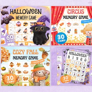 May include: A collection of four colorful game sets: Halloween Memory Game with a black cat, Circus Memory Game with a clown, Cozy Fall Memory Game with a bunny, and Halloween Bingo. Each game set features themed illustrations and text.