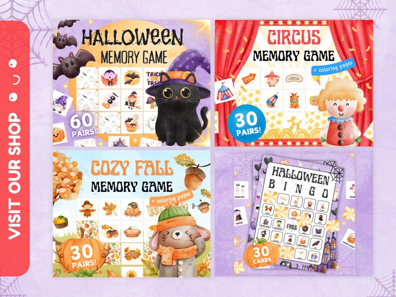 May include: A collection of four colorful game sets: Halloween Memory Game with a black cat, Circus Memory Game with a clown, Cozy Fall Memory Game with a bunny, and Halloween Bingo. Each game set features themed illustrations and text.