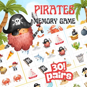 Juego de memoria pirata imprimible y mapa del tesoro: divertida actividad de emparejamiento para niños (descarga instantánea, PDF)