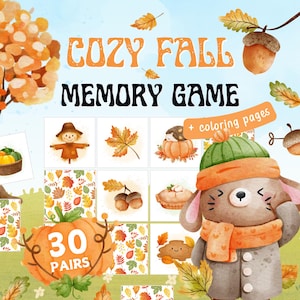May include: A "Cozy Fall Memory Game" with 30 pairs, featuring autumn-themed illustrations of pumpkins, leaves, acorns, and a cute bunny. Includes coloring pages. The game's design has a watercolor style with orange, brown, and green colours.