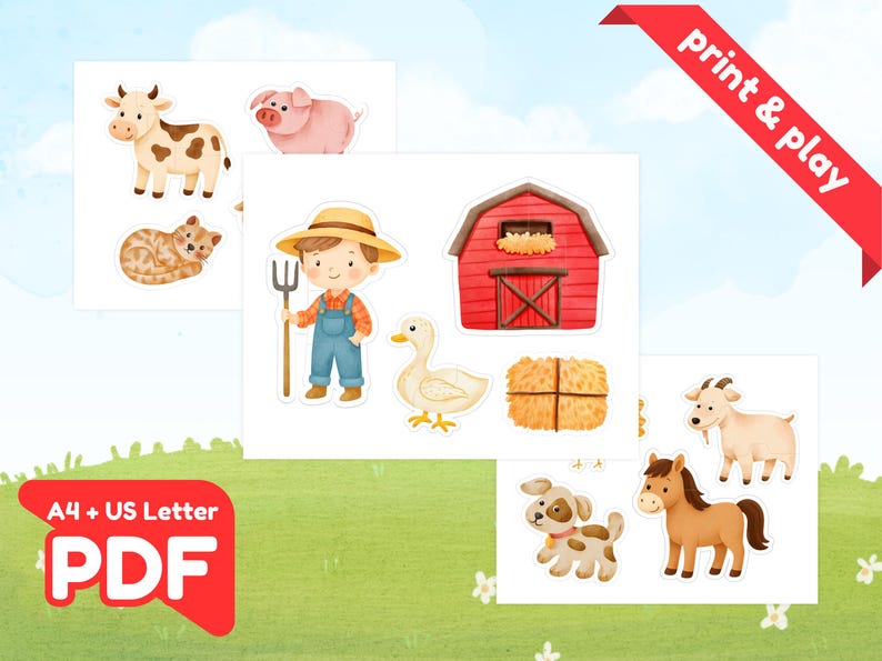 Farm Animals Matching Game, Printable Puzzle for Toddlers & Preschool ...