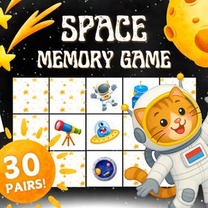 Jeu de mémoire spatial imprimable pour enfants - Activité amusante d'association dans l'espace avec des planètes fusées et des astronautes (téléchargement instantané, PDF)