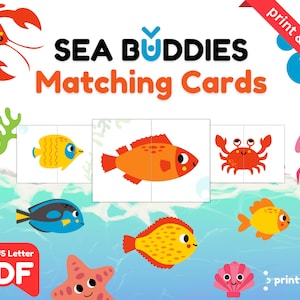Cartões de correspondência de animais marinhos e oceânicos, jogo de correspondência para impressão para crianças pequenas, metades correspondentes, quebra-cabeça de 2 peças para crianças, atividade para educação domiciliar