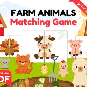 May include: A colorful educational printable game titled "Farm Animals Matching Game". The image features cartoon farm animals, including a turkey, cow, pig, cat, and llama. The game is designed for print and play, with a PDF format.