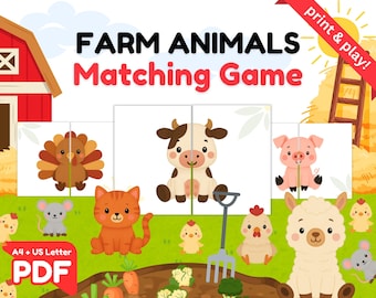 May include: A colorful educational printable game titled "Farm Animals Matching Game". The image features cartoon farm animals, including a turkey, cow, pig, cat, and llama. The game is designed for print and play, with a PDF format.