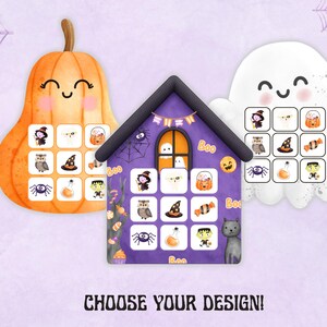 May include: Halloween-themed designs featuring a pumpkin, a house, and a ghost, each with a grid of themed icons. The image includes the text "CHOOSE YOUR DESIGN!" and a call to action "VISIT OUR SHOP". The background is a light purple.