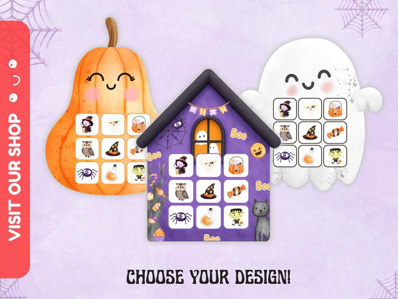 May include: Halloween-themed designs featuring a pumpkin, a house, and a ghost, each with a grid of themed icons. The image includes the text "CHOOSE YOUR DESIGN!" and a call to action "VISIT OUR SHOP". The background is a light purple.