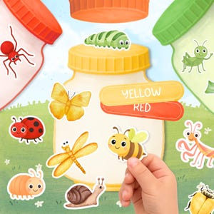 May include: A colorful illustration featuring various insect stickers, including a ladybug, bee, and butterfly. The stickers are placed around jars with red, yellow, and green lids. The words "YELLOW" and "RED" are on labels.