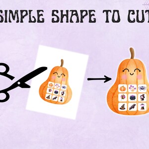 May include: A watercolor illustration with the text "SIMPLE SHAPE TO CUT" above a pumpkin shape. The image shows a pumpkin with a smiling face and Halloween-themed icons. A pair of scissors is cutting the pumpkin shape.
