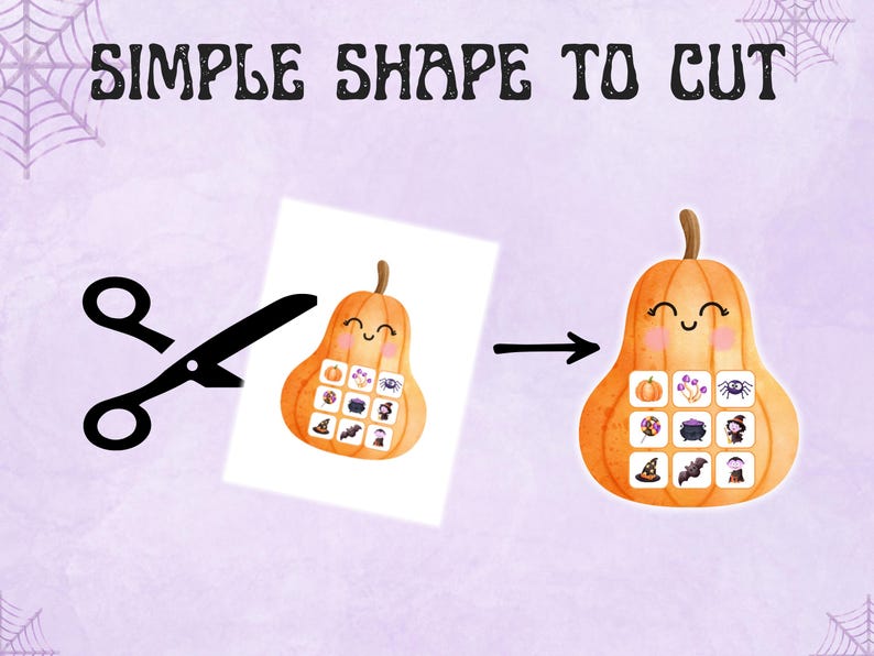 May include: A watercolor illustration with the text "SIMPLE SHAPE TO CUT" above a pumpkin shape. The image shows a pumpkin with a smiling face and Halloween-themed icons. A pair of scissors is cutting the pumpkin shape.