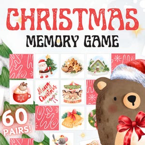 Weihnachts-Memory-Spiel für Kinder- und Familienspaß, druckbares Kartenspiel für Partys und Urlaubsaktivitäten, 120 Karten