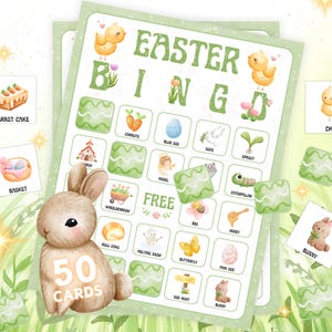 50 tarjetas de bingo de Pascua, actividad de primavera imprimible, juego de fiesta de Pascua para niños y familia.