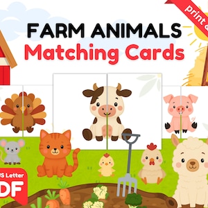 Jogo de Combinar Animais da Fazenda, Atividade de Combinação para Imprimir para Crianças Pequenas e Pré-escolares, Quebra-cabeça de 2 Peças, Aprendizagem em Casa