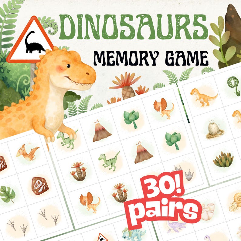 Dinosaur Memory Game Printable, Dino Matching Game for Kids, Dinosaur ...