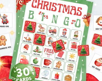 Peut inclure: Cartes de jeu de bingo de Noël avec un design festif. Les cartes présentent une grille avec des illustrations sur le thème de Noël et les mots "Christmas Bingo" en rouge. Comprend 30 cartes. Le jeu comprend des images d'un sapin de Noël, d'un bonhomme de neige et d'un bonhomme en pain d'épices.