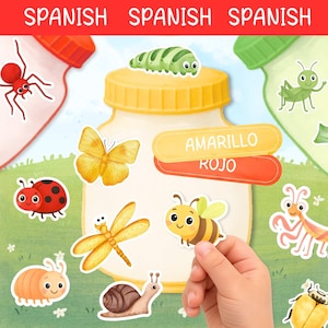 May include: A collection of colorful insect stickers, including a ladybug, butterfly, bee, and dragonfly. The word "SPANISH" is at the top. The stickers are arranged around a large, yellow-capped bottle. The words "AMARILLO" and "ROJO" are on labels.