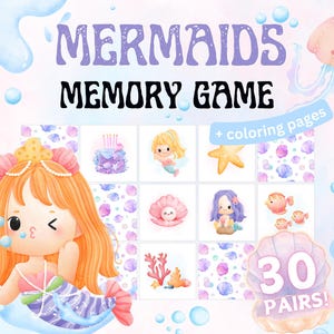 Jeu de mémoire de sirène imprimable et pages à colorier, activité d'association de paires pour les enfants, fête d'anniversaire de sirène, téléchargement immédiat