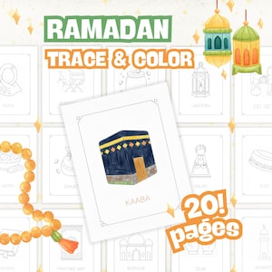 May include: A Ramadan-themed coloring book with the text "Ramadan Trace & Color." The cover features an illustration of the Kaaba, with the word "Kaaba" below it. The image also shows other illustrations and the text "20! pages."