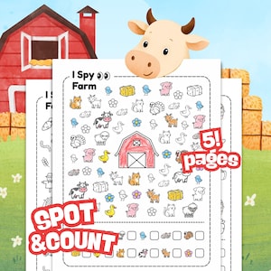May include: Farm-themed activity sheets with the text "I Spy Farm" and "Spot & Count". The pages feature illustrations of farm animals, flowers, and a red barn. A cow-shaped bookmark is at the top, and the words "5! pages" are visible.