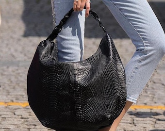 Black Textured Leather Shoulder Bag with Braided Handle