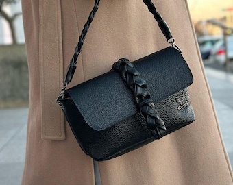 Black Leather Bag with Braided Strap - Sophisticated and Versatile