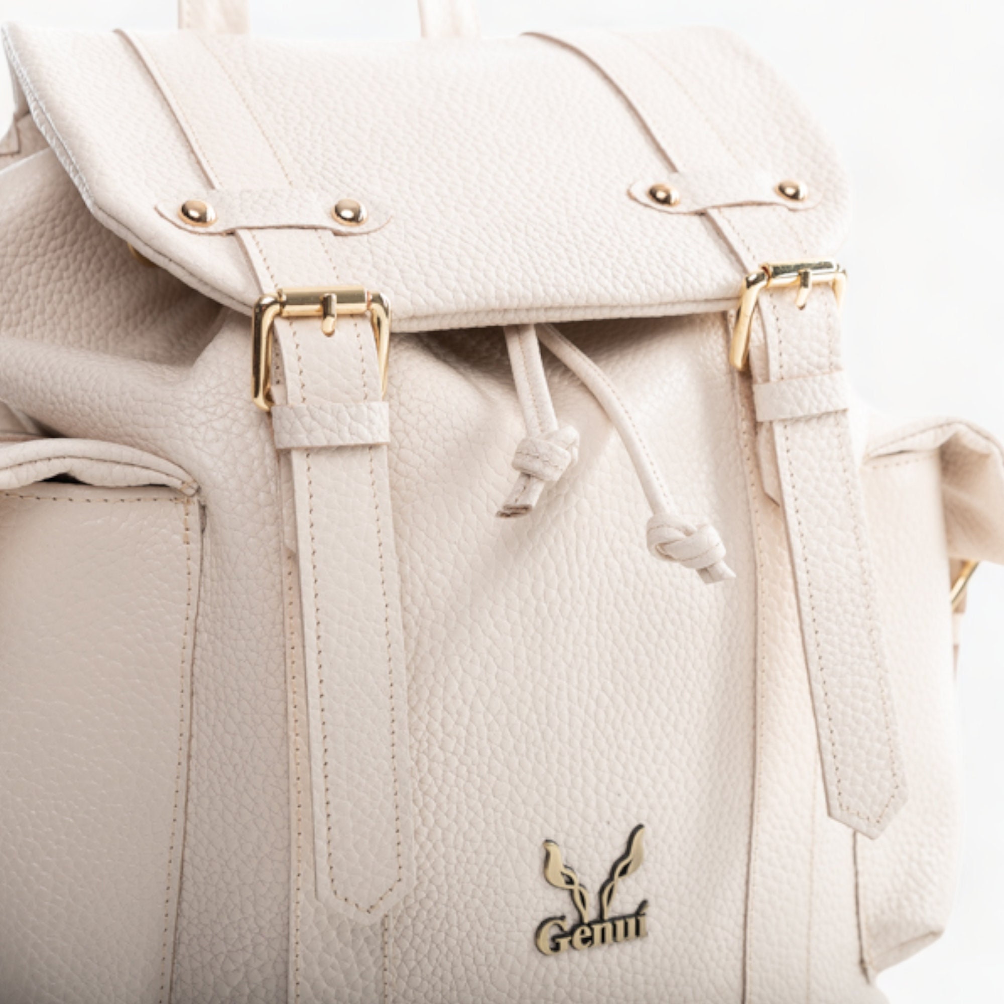 Beige Leather Backpack With Gold Details - Elegant and 