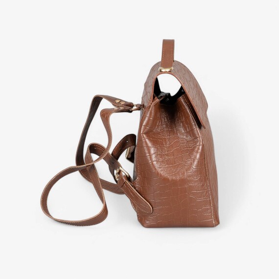 Handcrafted Brown Leather Embossed Flap Backpack Brown Leather Backpack With Flap Closure - Handcrafted  main image 3