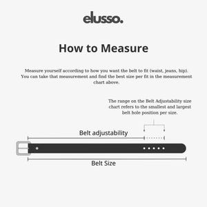 May include: Diagram showing how to measure for a belt. The illustration shows a belt with multiple belt holes and a ruler measuring the belt size. The text reads "How to Measure", "Measure yourself according to how you want the belt to fit (waist, jeans, hip). You can take that measurement and find the best size per fit in the measurement chart above." and "The range on the Belt Adjustability size chart refers to the smallest and largest belt hole position per size."
