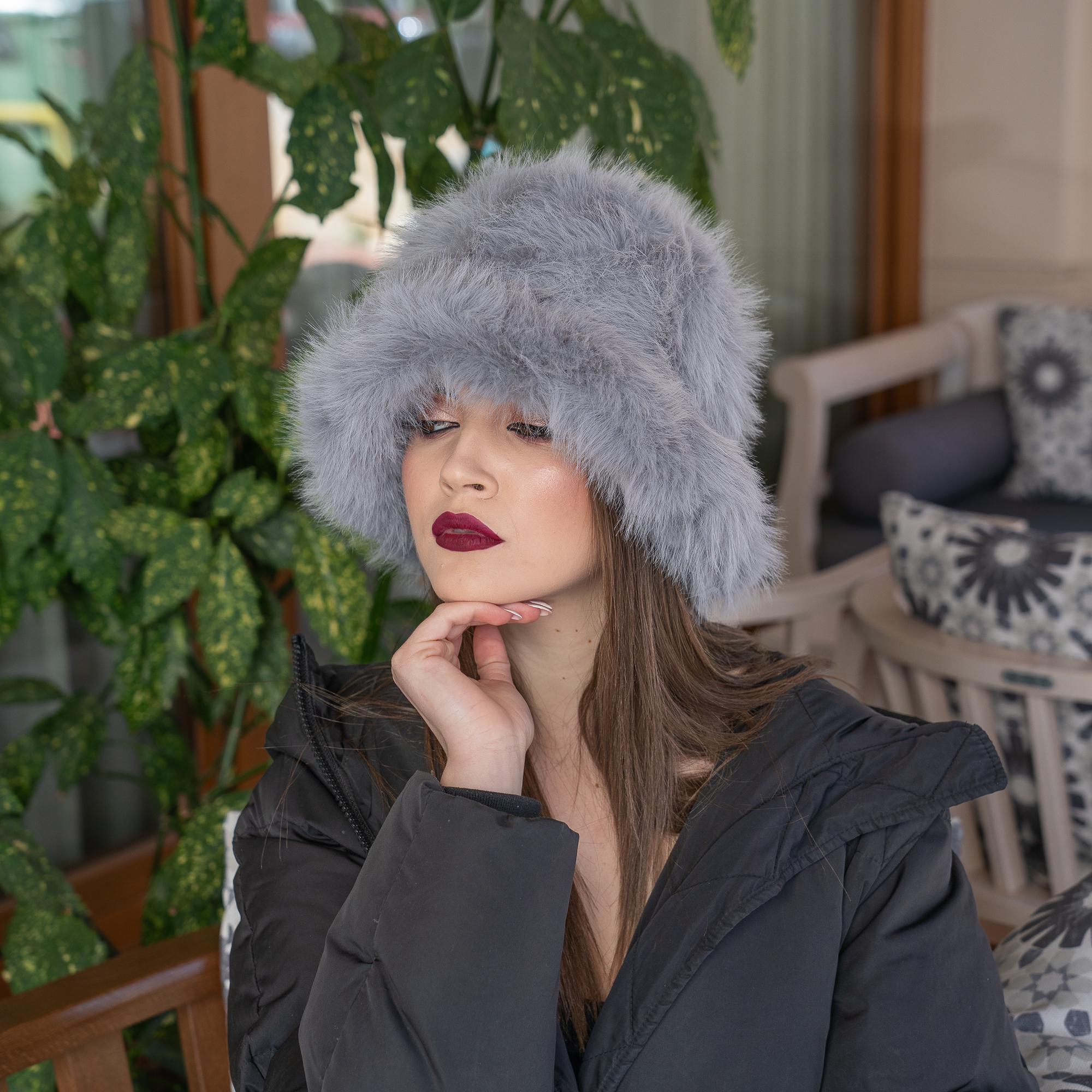Gray Faux Fur Winter Bucket Hat Unisex One Size Fits Most Kaitlyn Grey Rex Rabbit Fur Bucket Hat at FurHatWorld main image 2