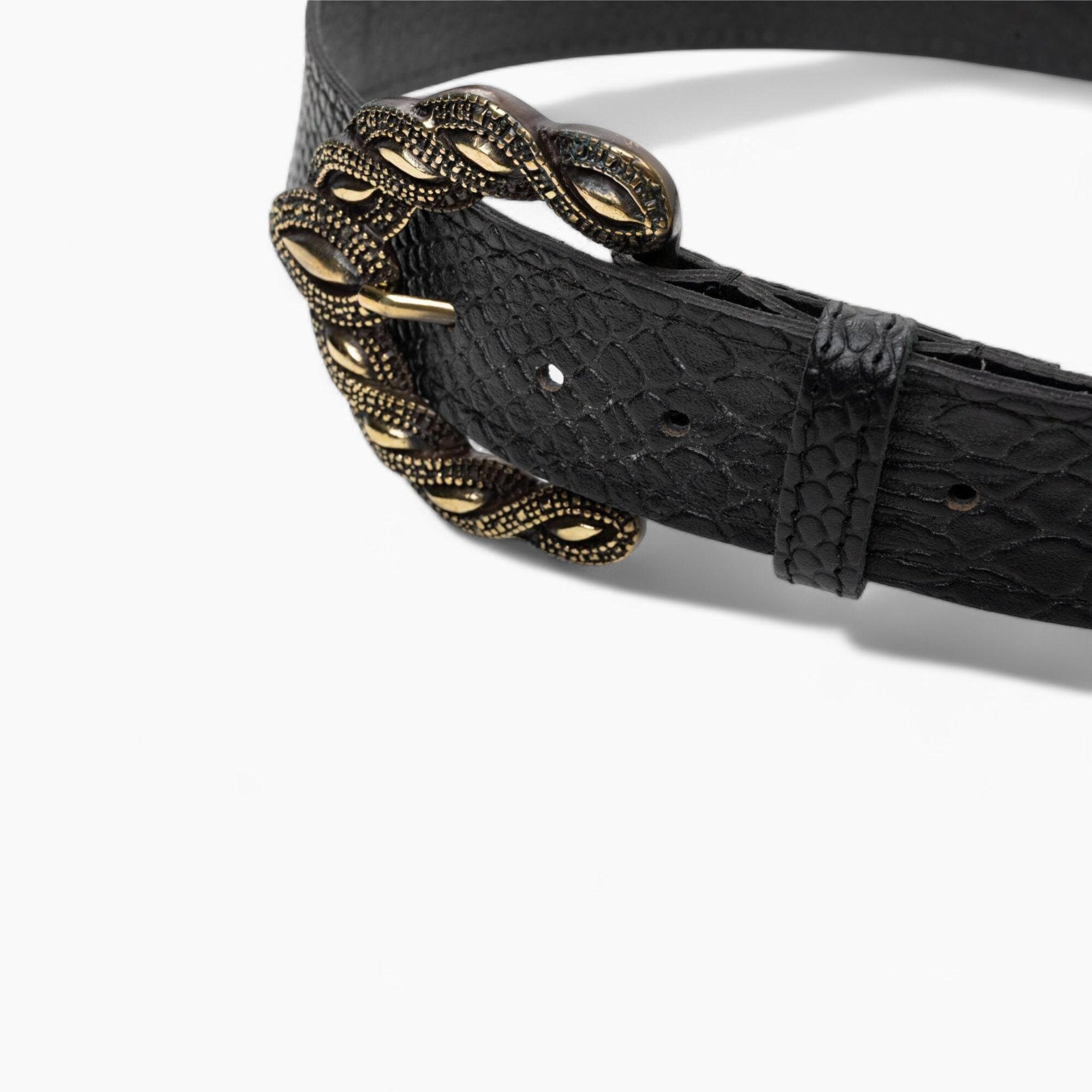 Black Leather Belt With Serpentine Bronze Buckle - A Fusion of