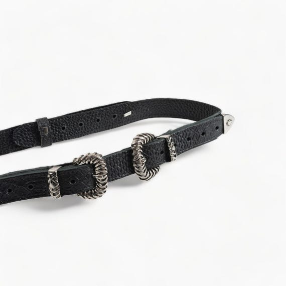Black Leather Belt With Double Silver Buckle - A Bold  display picture 3