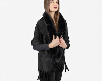 Black pashmina with faux fur trim and fringe detail