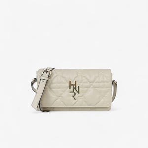 Beige Crossbody Bag With Quilted Flap And Elegant Gold Accents